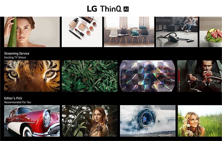 电视屏幕显示LG ThinQ AI所列出并推荐的丰富内容