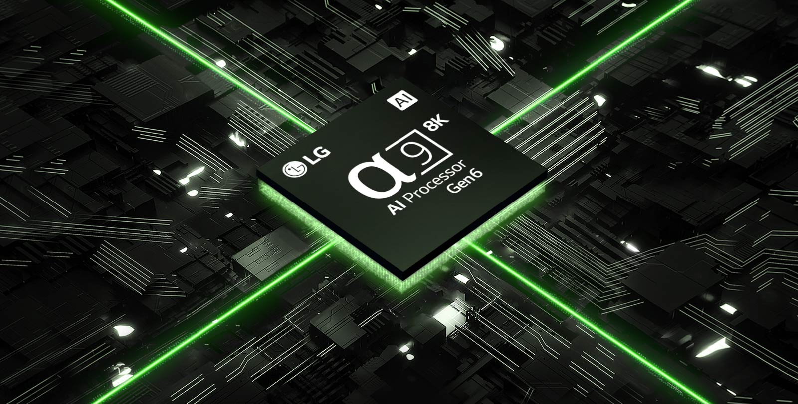 一段关于AI 音/画芯片 α9 Gen6 8K电路板的视频。电路板亮起，芯片发出代表其功率的绿光。