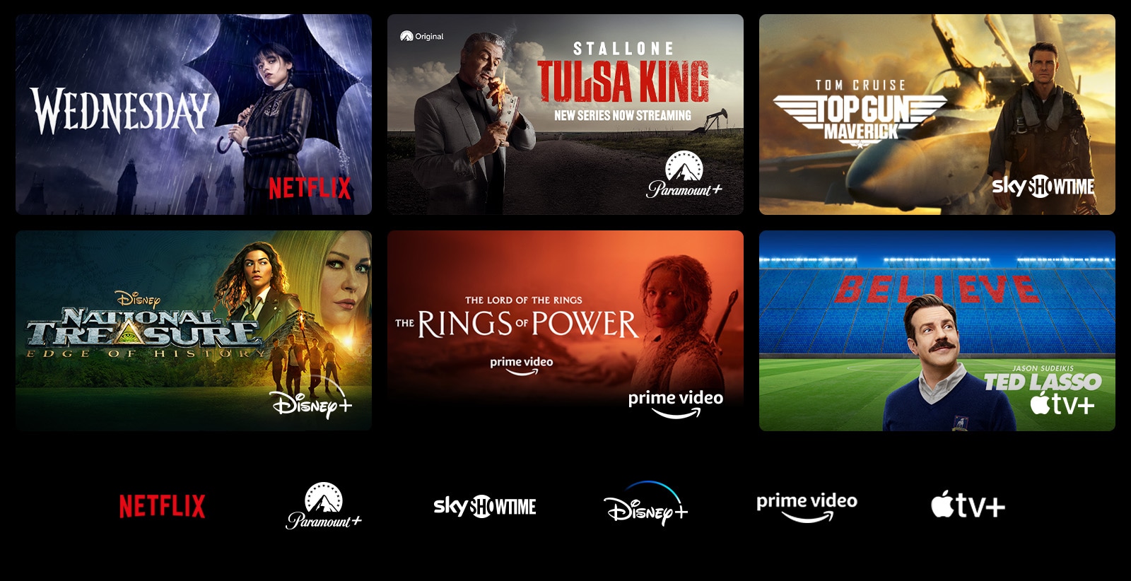 Netflix的《星期三》海报，Disney+的《国家宝藏》海报，Prime Video的《指环王：力量之戒》海报，Apple TV Plus的《足球教练》海报，以及来自LG Channels的一张野生豹子的剧照。