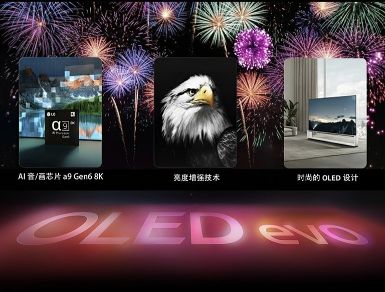 图为 LG OLED evo Z3 的主要功能，黑色背景中闪耀着粉色和紫色的烟花。地面上烟花的粉红色倒影，拼出“OLED evo”字样。在图片中，描绘 AI 音 / 画芯片 α9 8K Gen6 的图像显示芯片立在湖景照片前，正使用处理技术进行重塑。一张呈现亮度增强器 Max 的图片，显示了一只有着强烈对比度和明亮白色的鸟。一张展示 5 年面板保修的图片，显示了高级 OLED Z3 的保修标志，背景是显示屏。时尚 OLED 设计图片，展示在干净简约的客厅中，俯瞰城市景观的大窗户前摆放着落地式 LG OLED evo Z3。