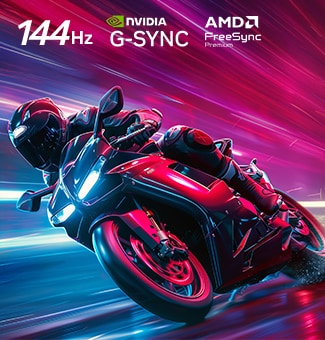 LG OLED AI B6 带来无与伦比的 4K 144Hz 游戏体验。画面展示高速行驶的摩托车竞速游戏，顶部显示 NVIDIA G-SYNC 徽标和 AMD FreeSync Premium 徽标。