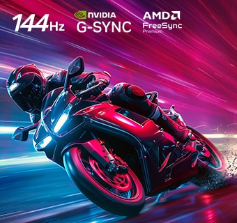 LG OLED AI B6 带来无与伦比的 4K 144Hz 游戏体验。画面展示高速行驶的摩托车竞速游戏，顶部显示 NVIDIA G-SYNC 徽标和 AMD FreeSync Premium 徽标。