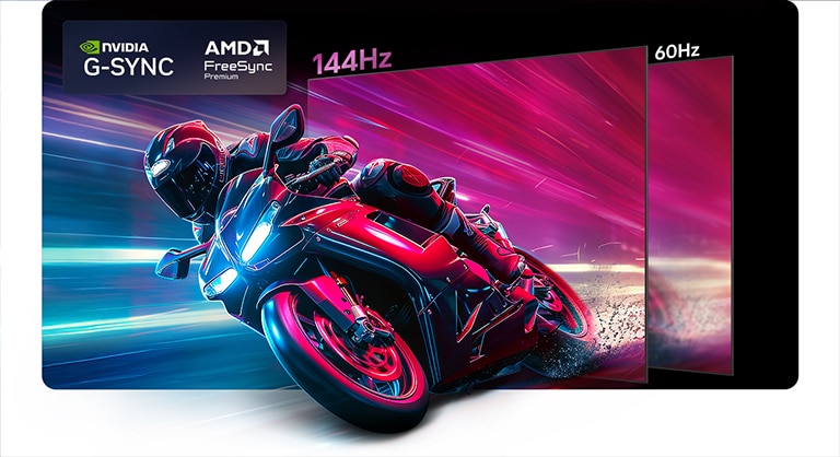 LG OLED AI B6 在摩托车竞速游戏中对比 144Hz 与 60Hz 画面，展现出 144Hz 面板极致流畅、无画面撕裂的效果。左上角显示了 NVIDIA G‑SYNC 徽标和 AMD FreeSync Premium 徽标。