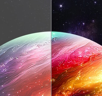 LG OLED evo AI G6 电视呈现出星球星空分屏对比画面，对比防眩光哑光屏与 纯粹黑色 & 纯粹色彩 显示屏的显示效果，后者在任何光线下都能呈现更清晰的画质，该效果已通过 UL 认证以及 Intertek 的色域和色彩保真度认证。