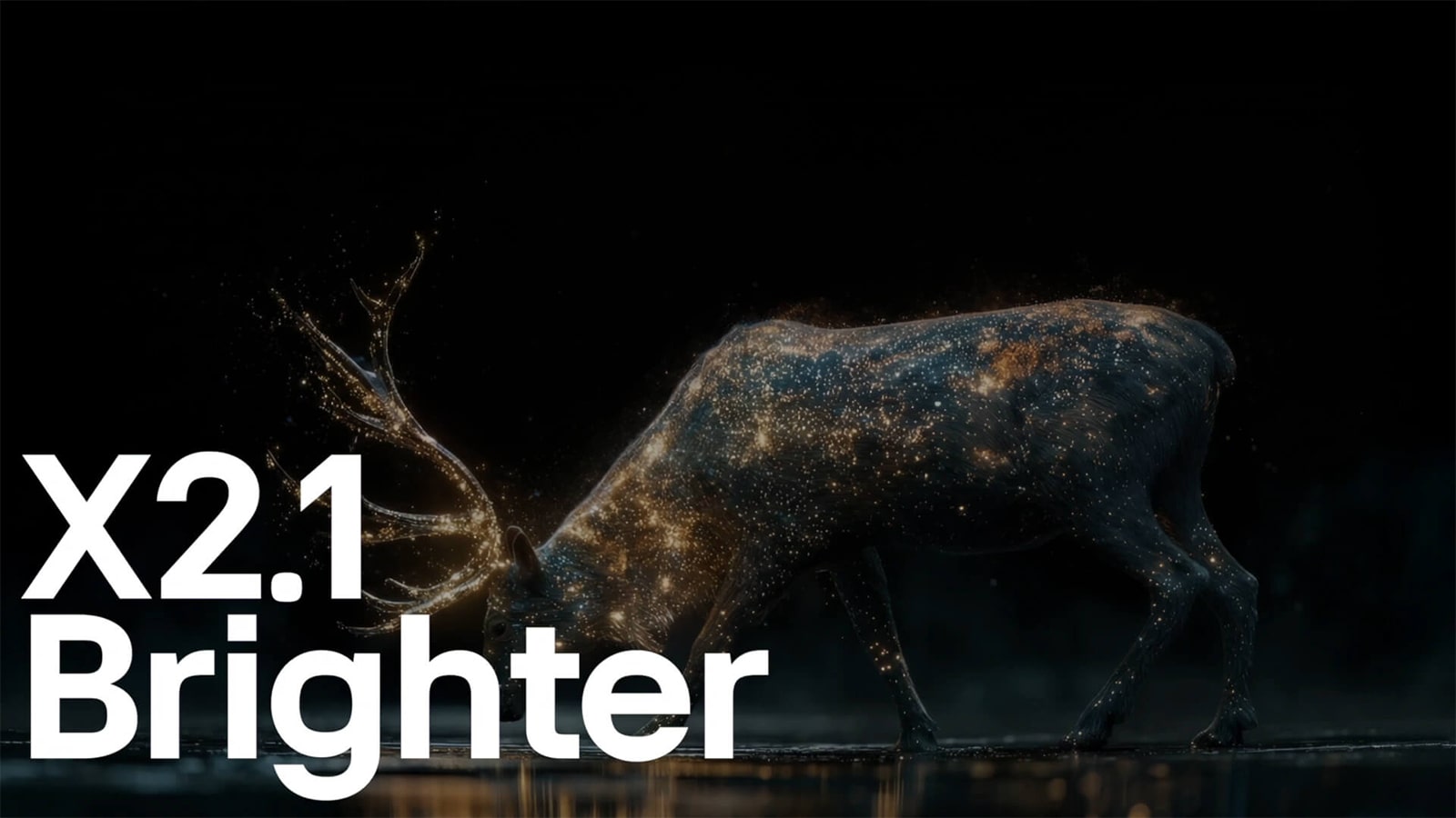LG OLED evo AI G6 搭载 亮度增强器 Pro，在深色画面中呈现出发光粒子环绕的小鹿剪影，峰值亮度提升 2.1 倍，亮度更高，细节更清晰。
