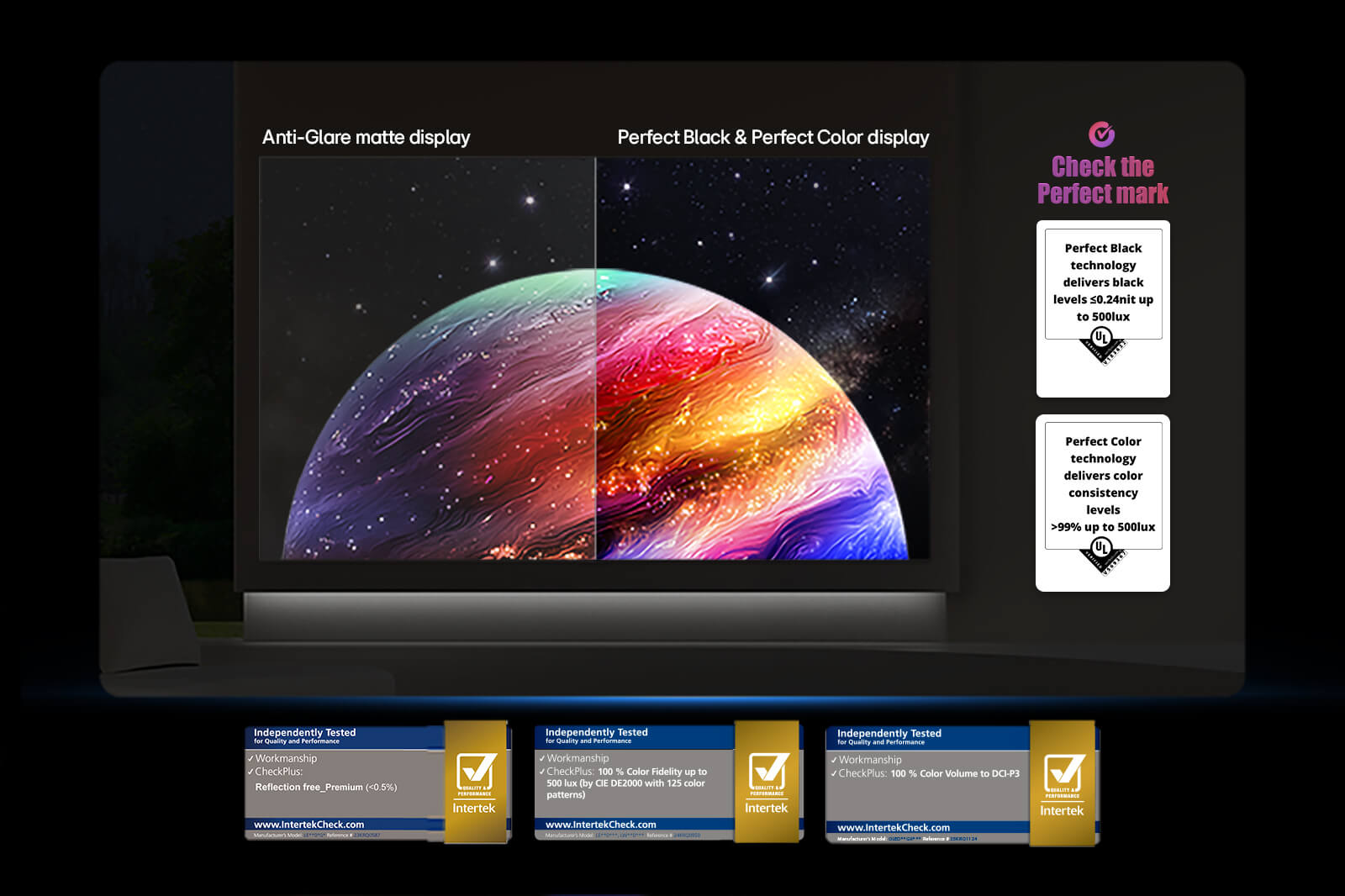 LG OLED evo AI G6 电视呈现出星球星空分屏对比画面，对比防眩光哑光屏与 纯粹黑色 & 纯粹色彩 显示屏的显示效果，后者在任何光线下都能呈现更清晰的画质，该效果已通过 UL 认证以及 Intertek 的色域和色彩保真度认证。