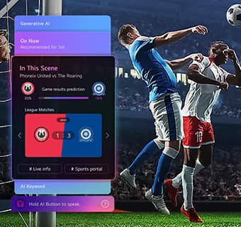 LG QNED evo AI QNED82 Mini LED 在清晰屏幕上带来动感体育体验，AI 面板实时呈现赛事预测、球员洞察和联赛数据，同步解析比赛进程。