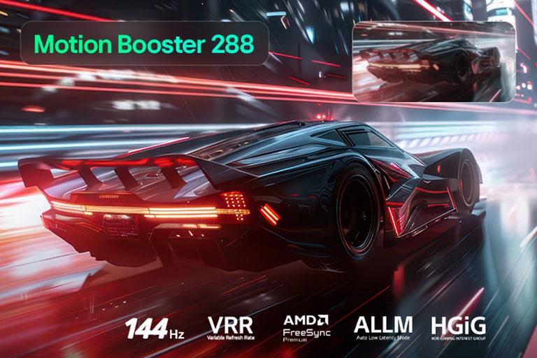 为终极游戏体验打造的 LG QNED evo AI QNED82 Mini LED 展示了充满活力的高速赛车场景，通过对比小窗模糊效果凸显了 Motion Booster 288，同时支持 144Hz、VRR、AMD FreeSync、ALLM、HGiG 和 GeForce NOW。