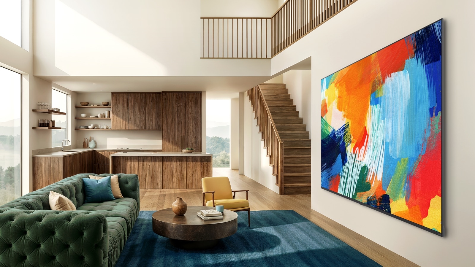 采用纤薄设计的 LG QNED evo AI QNED82 Mini LED 壁挂在明亮开阔的客厅中，机身时尚流畅，完美融入室内环境，屏幕呈现色彩浓烈的抽象艺术画面。