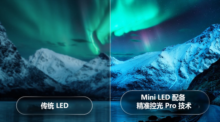 LG QNED evo AI QNED85 Mini LED 通过对极光照亮冰川山景的画面进行分屏，突出 Mini LED 配备 精准控光 Pro 技术，与传统 LED 相比，可呈现更深的黑色和更精细的对比度，从而实现更高的精度和清晰度。