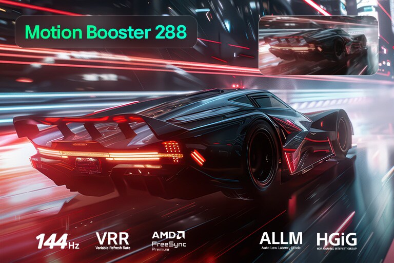 LG QNED evo AI QNED85 Mini LED，为畅快游戏而生。高速赛车场景展现动态画质，Motion Booster 288让运动更清晰。支持144Hz、VRR、AMD FreeSync、ALLM、HGiG。