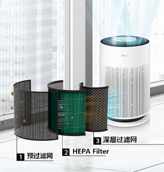 一台 Puricare™ 空气净化器，窗前的空气在流动，三层滤网同时工作，过滤机器前方的灰尘。