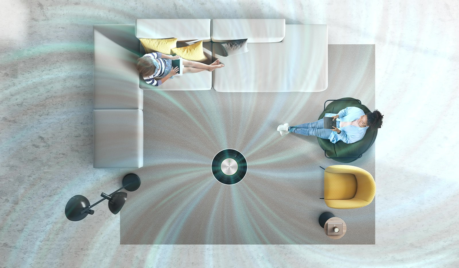 这是客厅的空气净化器吸入有害粉尘，送出净化空气的视频。