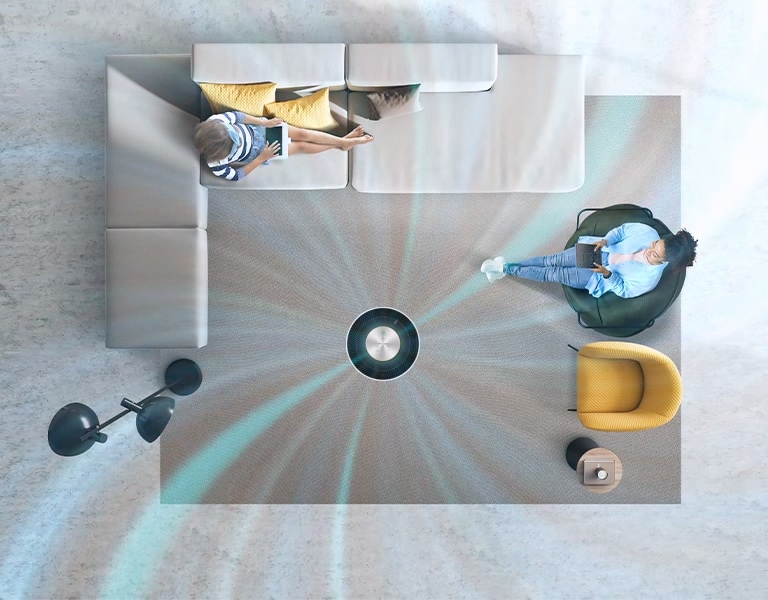 这是客厅的空气净化器吸入有害粉尘，送出净化空气的视频。