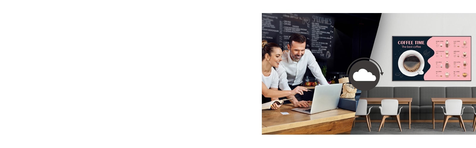 Café managers are creating menus that will be displayed on the display installed on the café wall using content management software.