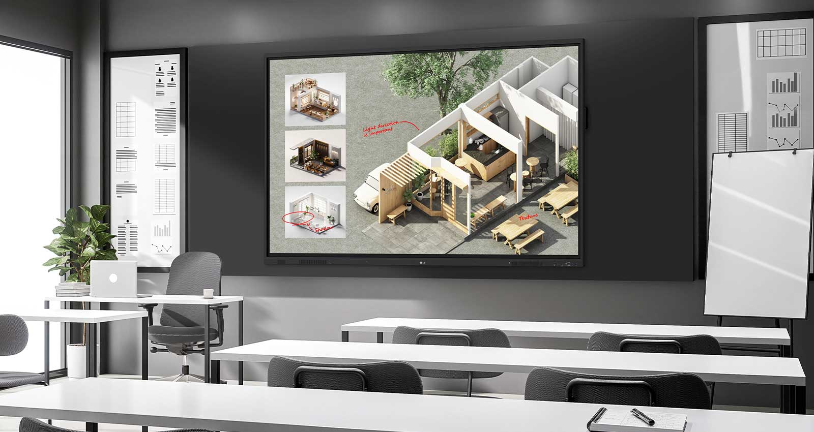 In the lecture room, there's a large interactive digital board installed on the wall, vividly displaying lecture materials on the screen.