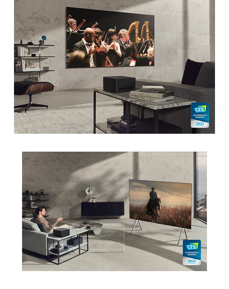 一系列与 LG OLED M 有关的图片。AV 盒整齐地放在边桌上的特写。在装修雅致的空间中，LG OLED M 挂在墙壁上，电视周围没有连接线。落地支架上的 LG OLED M 特写，屏幕上的图像色彩斑斓。所有图像都带有 CES 2023 创新奖的标志。