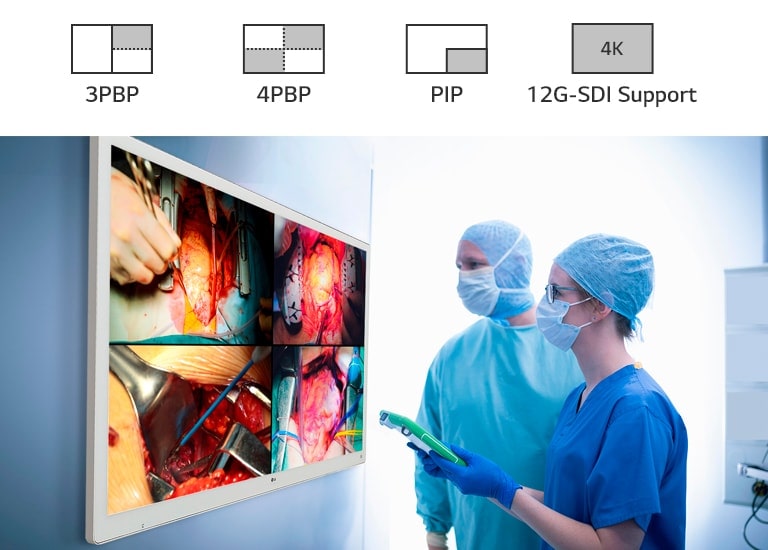 55MH5K 支持多达 4 个画面输入 (4PBP) 、画中画 (PIP) 和扩展端口，可在单个显示器上同时查看多个信号。