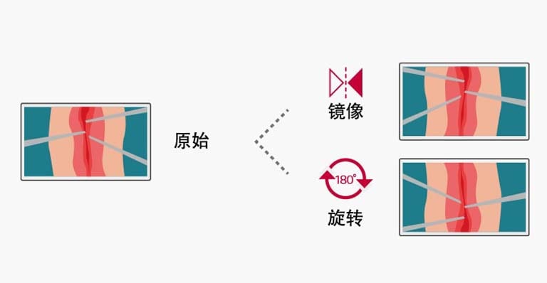可灵活翻转和旋转显示器以配合用户需求。通过镜像和旋转模式，用户可以选择灵活的 180° 旋转/镜像图像显示。