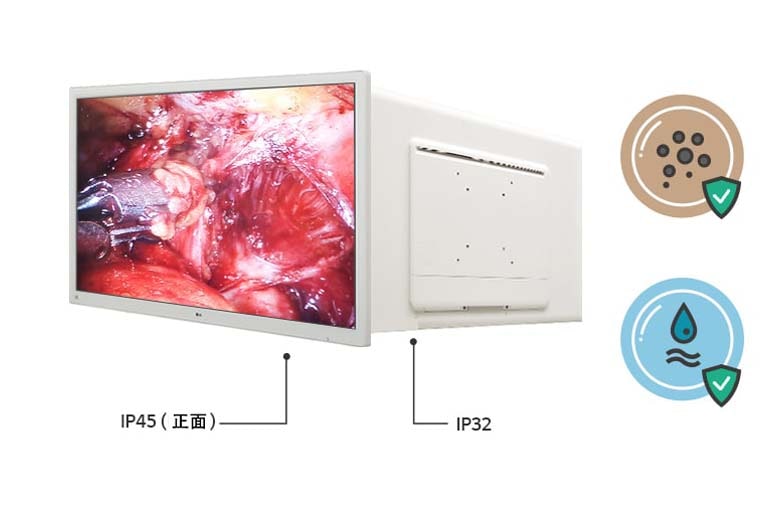 此款手术显示器的正面防护等级为 IP 45，除正面外的机身防护等级为 IP 32，可有效防止与异物接触和液体泼溅。