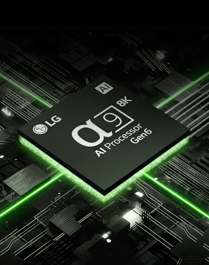 AI 音 / 画芯片 α9 8K Gen6 对着电路板的图像，芯片发出绿色的光，代表它的功率。