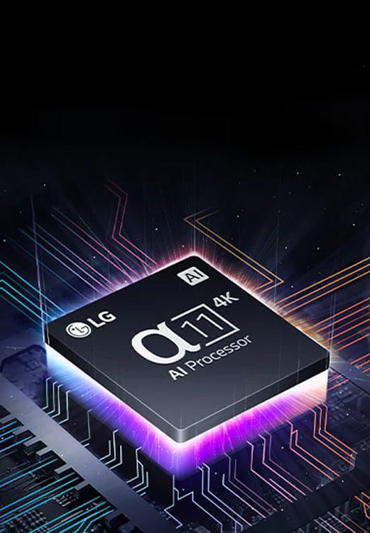 AI 音 / 画芯片 α11 8K Gen6 对着电路板的图像，芯片发出绿色的光，代表它的功率。