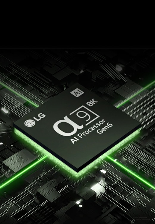 AI 音 / 画芯片 α9 8K Gen6 对着电路板的图像，芯片发出绿色的光，代表它的功率。