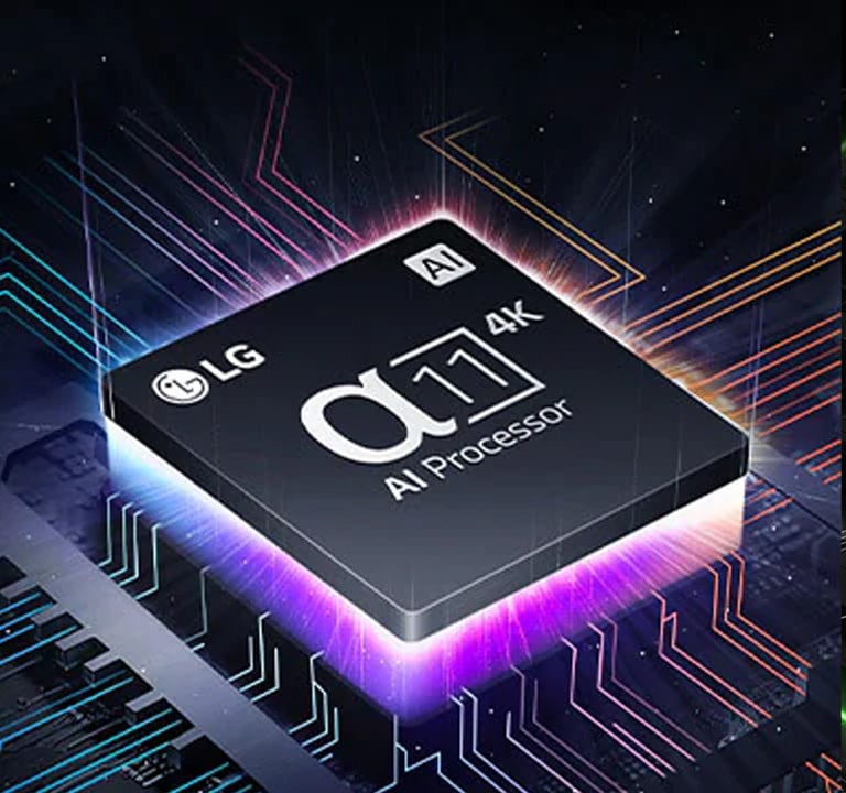 AI 音 / 画芯片 α11 8K Gen6 对着电路板的图像，芯片发出绿色的光，代表它的功率。