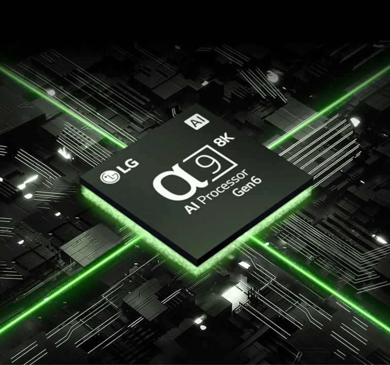 AI 音 / 画芯片 α9 8K Gen6 对着电路板的图像，芯片发出绿色的光，代表它的功率。