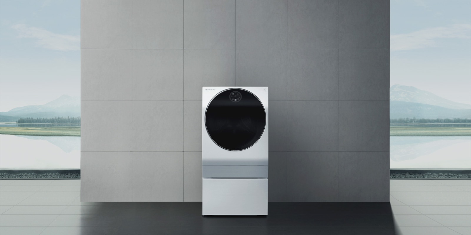 LG SIGNATURE洗衣机放在大墙的地板上。