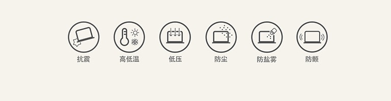 Military spec icons are shown. From left, shock, high&low temperature, low pressure, dust, salt fog, vibration.