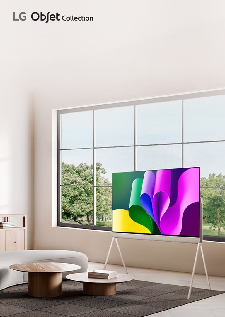 Two LG Posé TVs next to each other at a 45-degree angle, one seen from the front with colorful abstract artwork on-screen and one seen from the back showing off its versatile back.