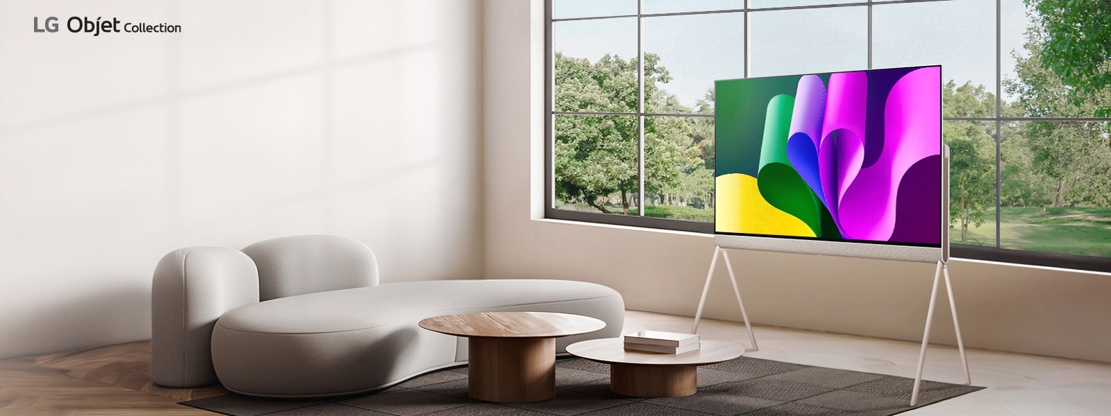 Two LG Posé TVs next to each other at a 45-degree angle, one seen from the front with colorful abstract artwork on-screen and one seen from the back showing off its versatile back.