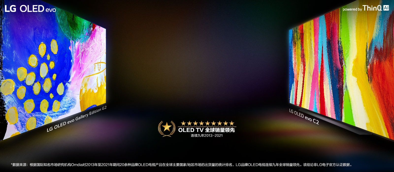 A side view of the LG OLED C2 and LG OLED G2 Gallery Edition facing each other across a dark room with bright, colorful artworks on their screens.
