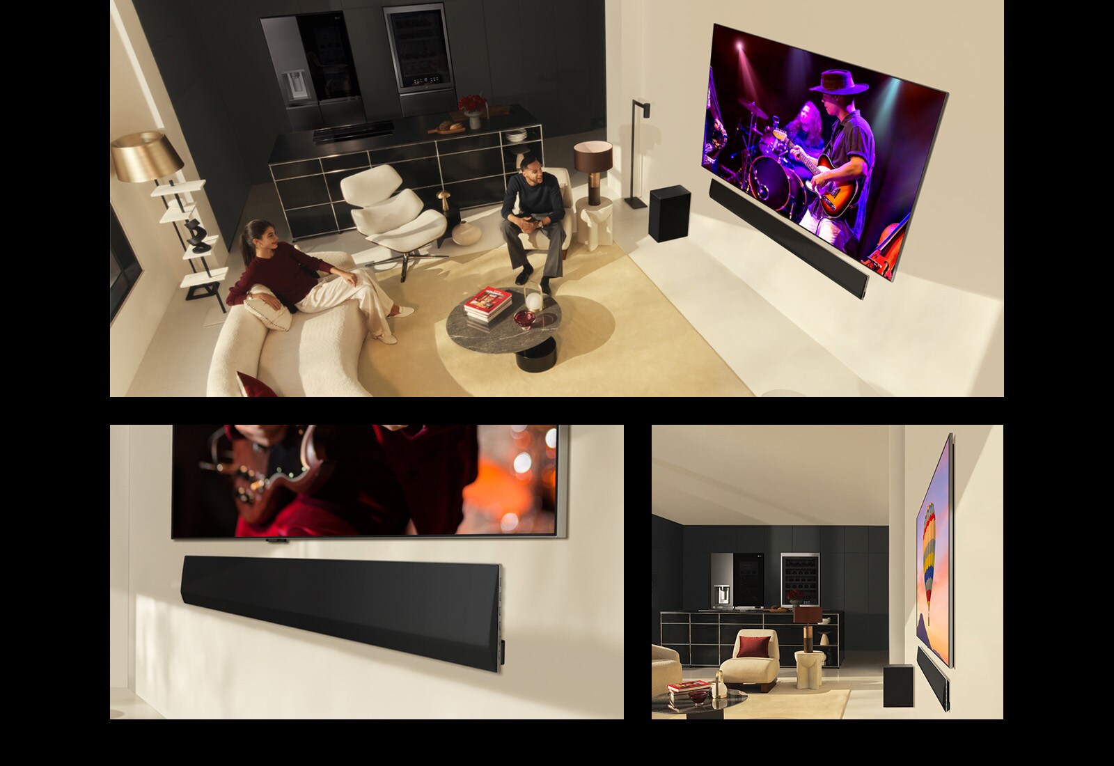PC：一对情侣在现代化客厅观看 LG OLED evo G4（及其完美搭配的 LG Soundbar SG10TY）上播放的音乐会。  MO：一位男士在现代化客厅观看 LG OLED evo G4（及其完美搭配的 LG Soundbar SG10TY）上播放的音乐会。  LG OLED TV 和 LG 条形音箱的底部倾斜视图。  LG OLED evo G4 和 LG Soundbar SG10TY 的侧面轮廓视图。两者都具有极薄的尺寸，与墙壁之间几乎无间隙。