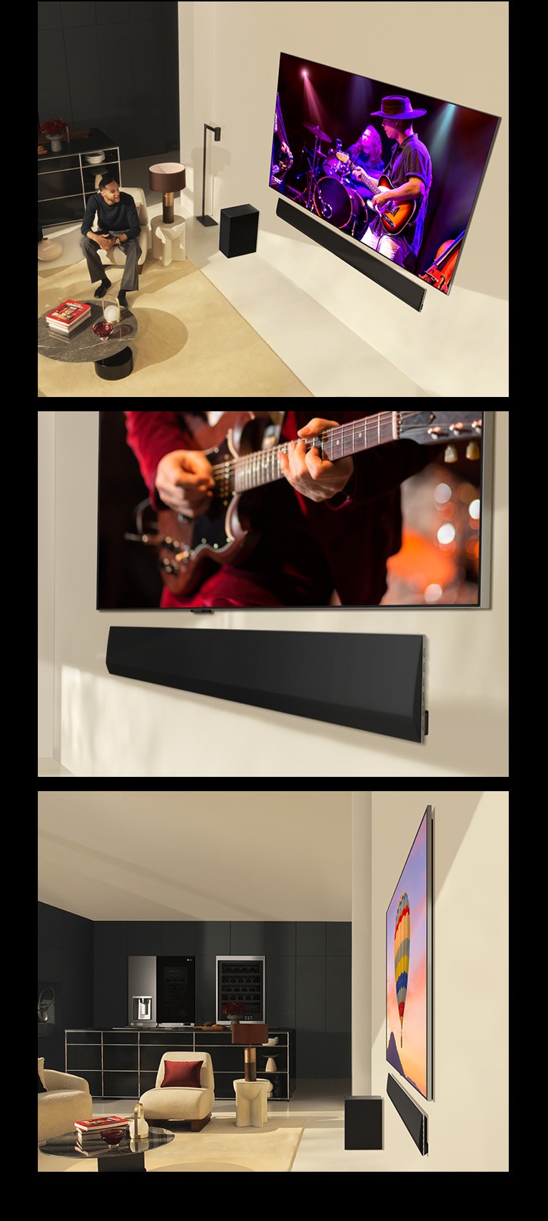 PC：一对情侣在现代化客厅观看 LG OLED evo G4（及其完美搭配的 LG Soundbar SG10TY）上播放的音乐会。  MO：一位男士在现代化客厅观看 LG OLED evo G4（及其完美搭配的 LG Soundbar SG10TY）上播放的音乐会。  LG OLED TV 和 LG 条形音箱的底部倾斜视图。  LG OLED evo G4 和 LG Soundbar SG10TY 的侧面轮廓视图。两者都具有极薄的尺寸，与墙壁之间几乎无间隙。