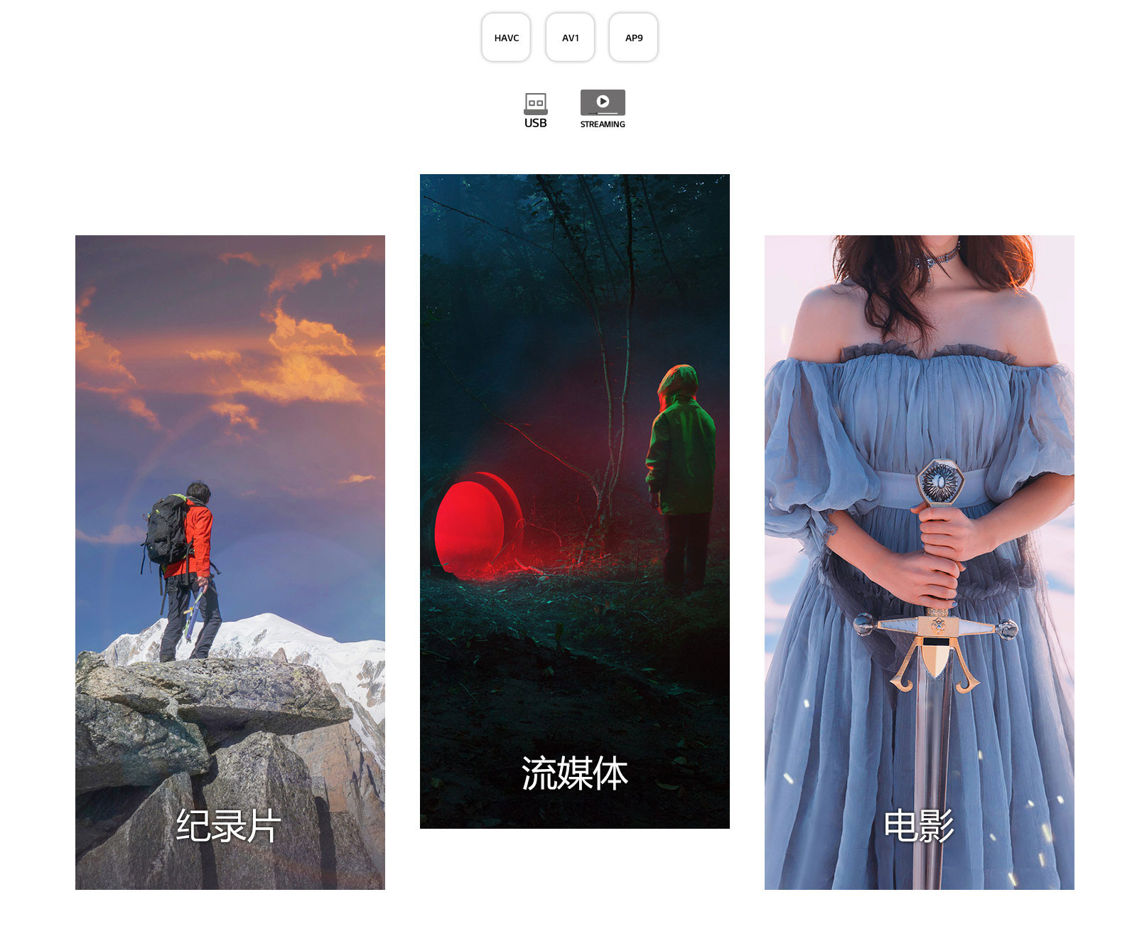 一段垂直长场景的纪录片,显示一名男子在山顶,流媒体服务显示一个孩子在看森林里的圆形红灯,电影显示一名女子拿着一把剑。