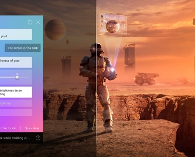 一个 LG QNED TV 屏幕上正在播放科幻内容。屏幕上有 AI Chatbot 界面。用户向聊天机器人发送“屏幕过暗”信息。聊天机器人针对该请求提供解决方案。整个场景也分成两半。一侧画面较暗，另一侧明亮；演示 AI Chatbot 如何自动解决用户问题。