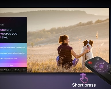 LG AI Magic Remote 置于 LG TV 屏幕前。屏幕显示 LG AI个性化问候语包含基于用户搜索与观看历史的定制关键词。遥控器旁图标说明短按 AI 按钮即可快速启动 AI Concierge 功能。