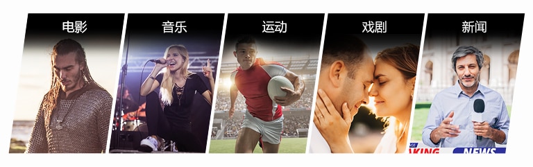 从左到右的五张图片，一个穿着链甲盔甲的男人、一个女人对着麦克风唱歌、一个橄榄球运动员、一对将头紧靠在一起的情侣、以及一个正在传递新闻的男主播。