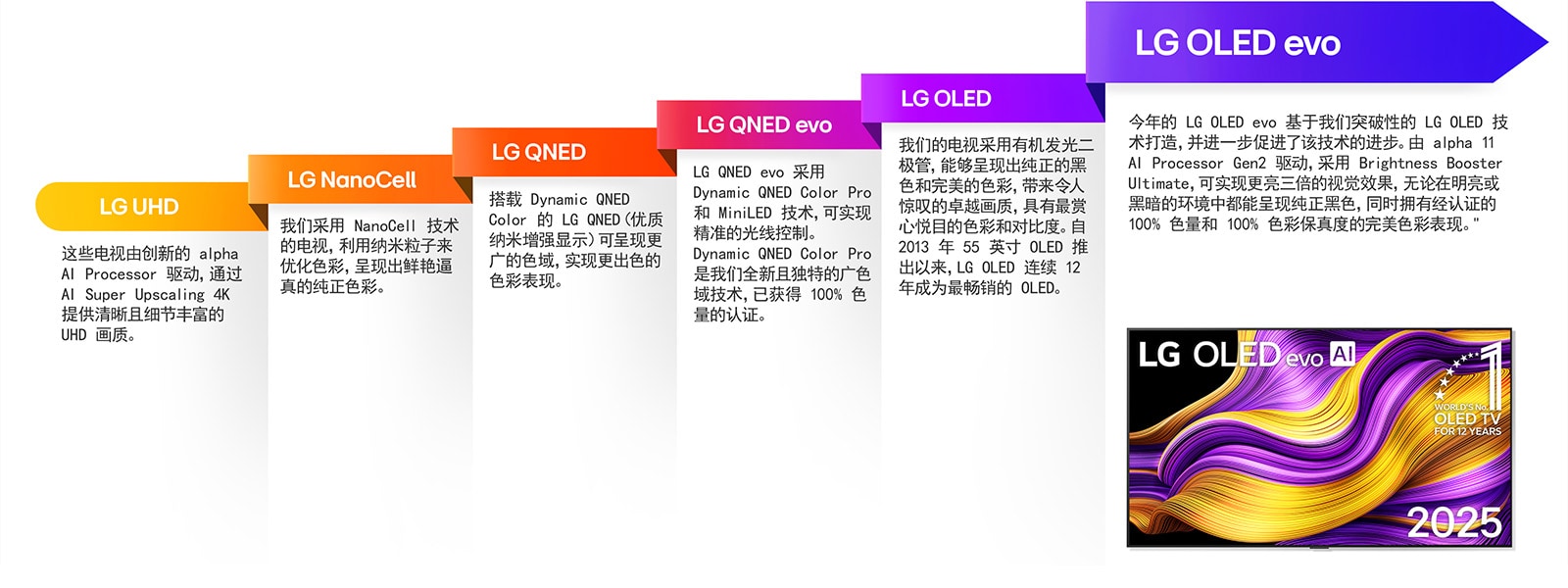 不同的 LG TV 之间的比较，这些电视包括 LG UHD、LG NanoCell、LG QNED、LG QNED evo、LG OLED 和 LG OLED evo。每一种电视都有对其各自所提供的功能的简短描述。可以看到屏幕上显示有彩色抽象艺术作品的 LG OLED evo AI TV。也显示了“连续 12 年全球最佳 OLED TV”文本。