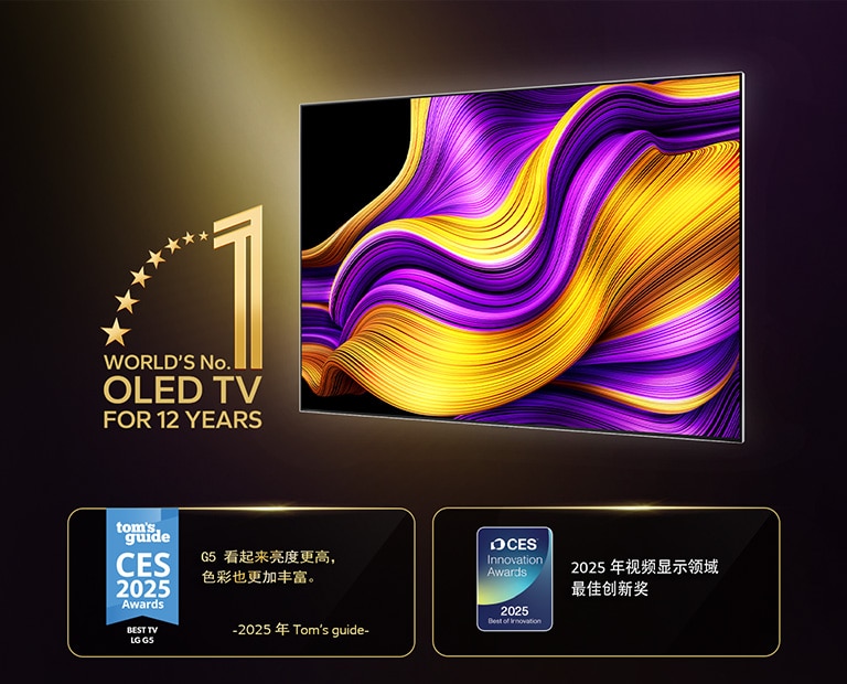 LG OLED TV 标有“连续 12 年全球最佳 OLED TV”标志。还展示了所获得的奖项。Tom's Guide 2025 年国际消费电子展 (CES) 奖项评论称，G5 是最佳电视，看起来亮度更高，色彩也更加丰富。2025 年国际消费电子展 (CES) 创新奖——2025 年视频显示类最佳创新奖。