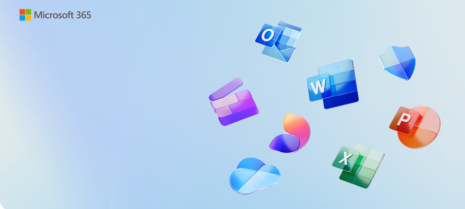 这张图片以在浅蓝色渐变背景展示了 Word、Excel、PowerPoint、Outlook 和 OneDrive 等 Microsoft 365 应用程序的多彩 3D 图标。