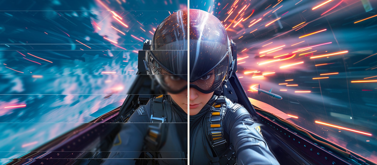 Comparison of fluid gaming image - The left image is tearing, and the Right image is tear-free.	