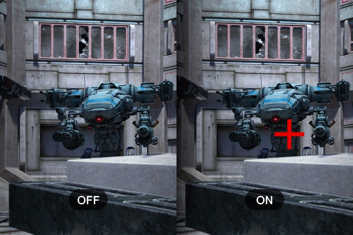 Comparison image of a mechanical combat robot, with the left side showing no targeting mark (OFF) and the right side showing a red crosshair over the robot (ON).	