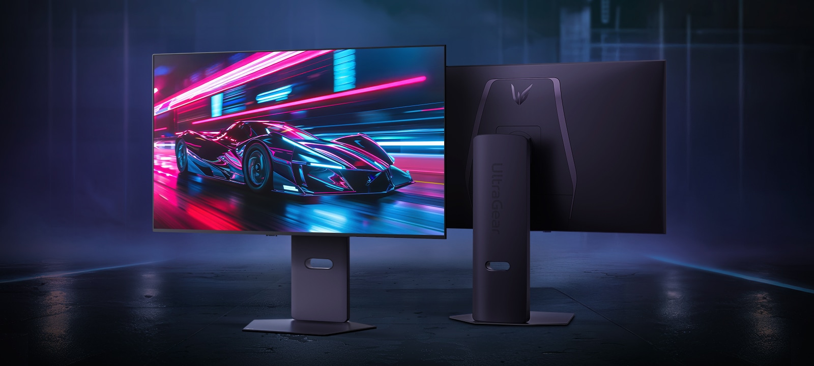 Front and rear view of the UltraGear™ 32GX850A gaming monitor, displaying a futuristic racing scene on screen.	