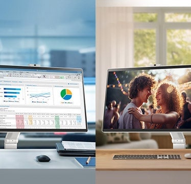 In the left image, a LG Smart Monitor Swing in an office displays various charts, while in the right image, a LG Smart Monitor Swing at home is playing a movie.	