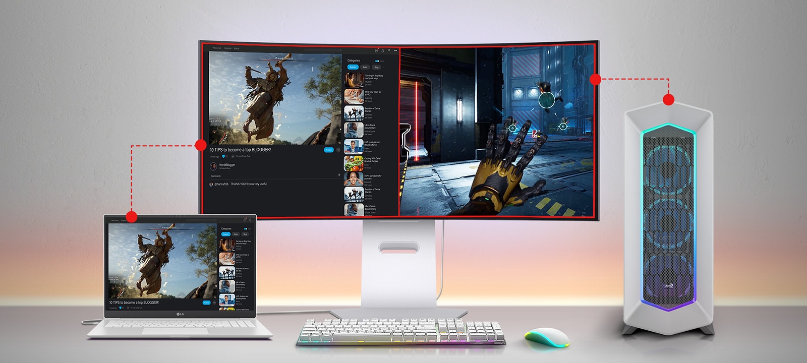 The divided screen each from laptop and PC.	