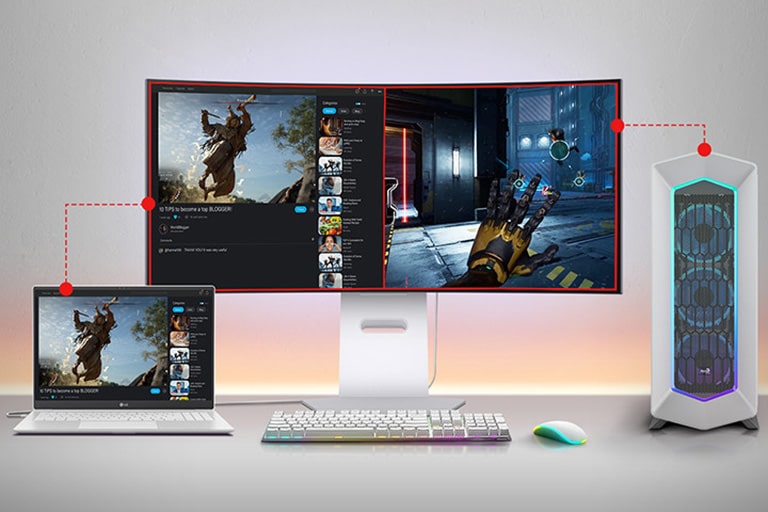 The divided screen each from laptop and PC.	