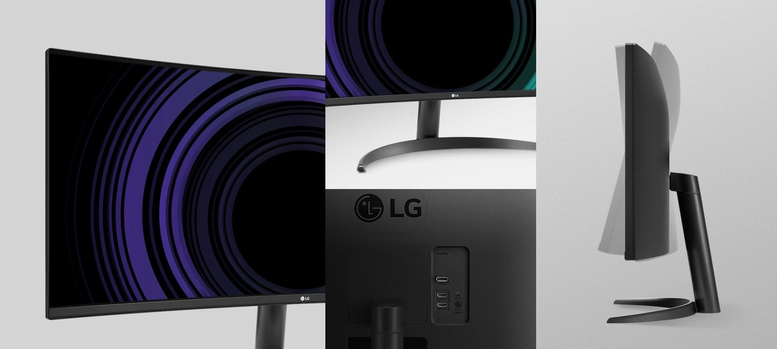 Image showing 3-side Virtually Borderless, One Click Stand, Height, and Tilt view of the monitors.	